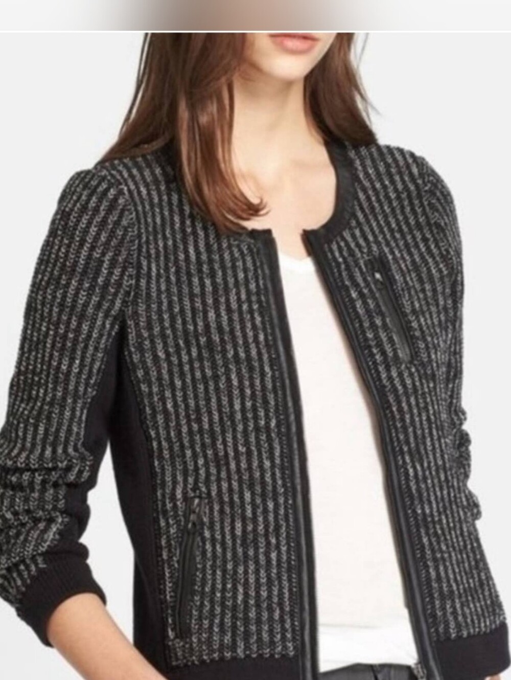 Rag & Bone Paula Black Leather-Trim Ribbed Knit Jacket Size XS - Picture 2 of 9